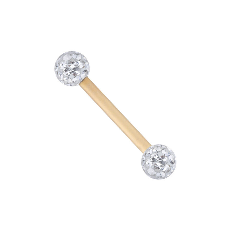 Kultainen titaani-piercing kristallipalloilla Kultainen titaani-piercing kahdella kristallinkirkkaalla pallolla valkoisella taustalla