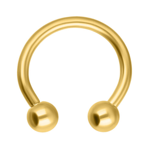 Kultainen Circular Barbell 1,2 mm paksuus, 9,0 mm sisähalkaisija ja 3,0 mm pallot valkoisella taustalla