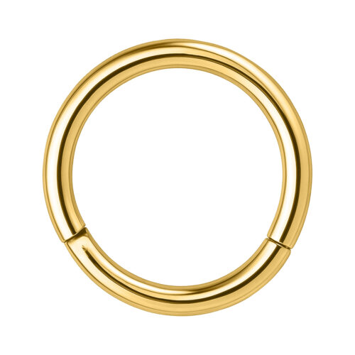 Kultainen Hinged Segmenttirengas kirurginteräksestä 316L, paksuus 0,8 mm, sisähalkaisija 5,0 mm, valkoisella taustalla