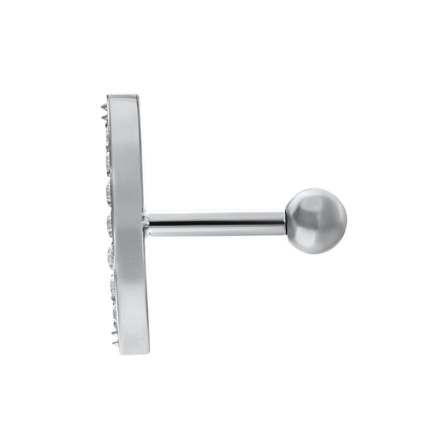 Hopeinen korva barbell kristalleilla valkoisella taustalla
