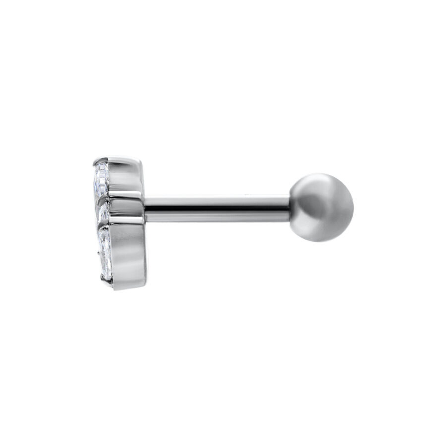 Hopeinen korvakoru barbell kristalli lotus -designilla valkoisella taustalla