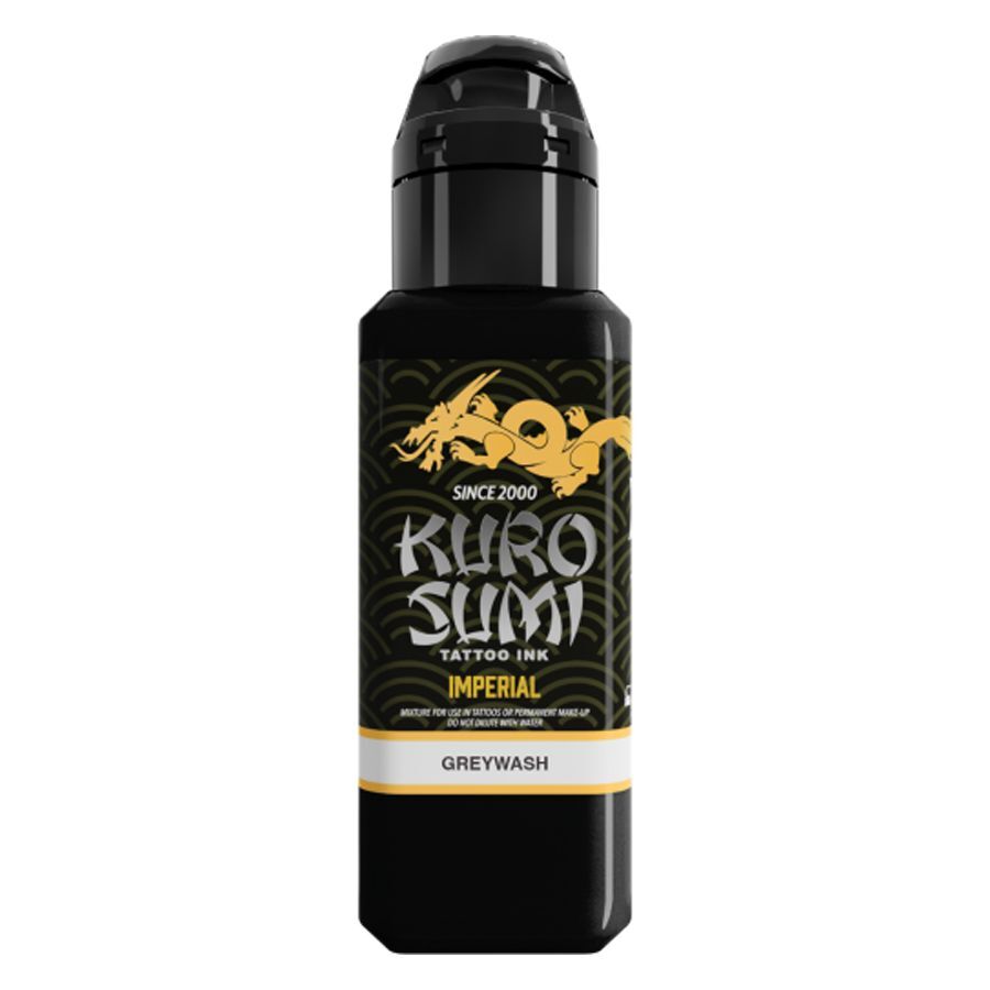 Kuro Sumi Greywash tatuointimuste, 180 ml Musta Kuro Sumi tatuointimustepullo, jossa on keltainen lohikäärmekuvio valkoisella taustalla