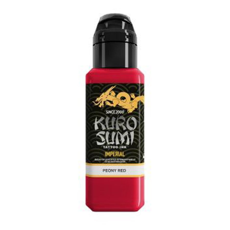 Kuro Sumi Peony Red -tatuointiväri 44ml Punainen tatuointiväri pullossa mustalla korkilla valkoisella taustalla