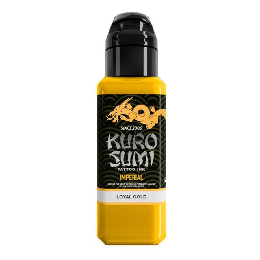 Kuro Sumi Loyal Gold Tatuointiväri Keltainen Keltainen Kuro Sumi tatuointiväri pullossa, jossa on musta korkki, valkoisella taustalla
