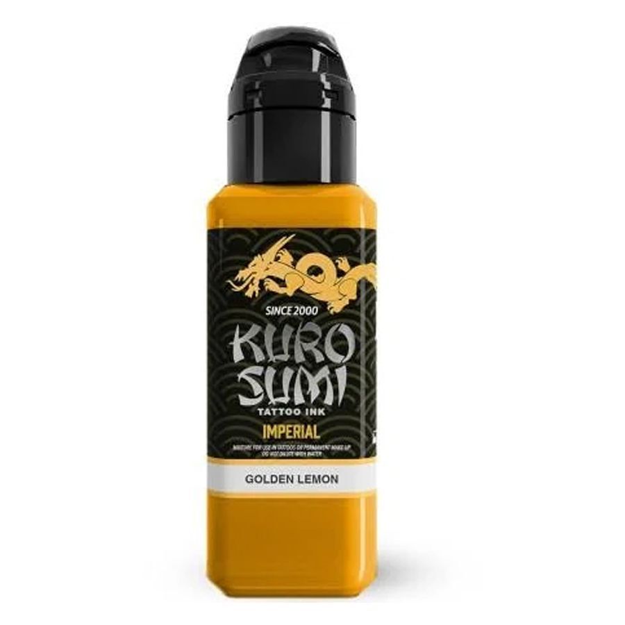 Keltainen Kuro Sumi Imperial -tatuointiväri 44 ml pullossa valkoisella taustalla
