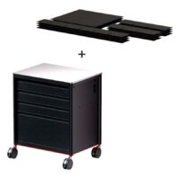 Musta Tattoo Workstation pyörillä, kolme laatikkoa ja alumiinirunko valkoisella taustalla