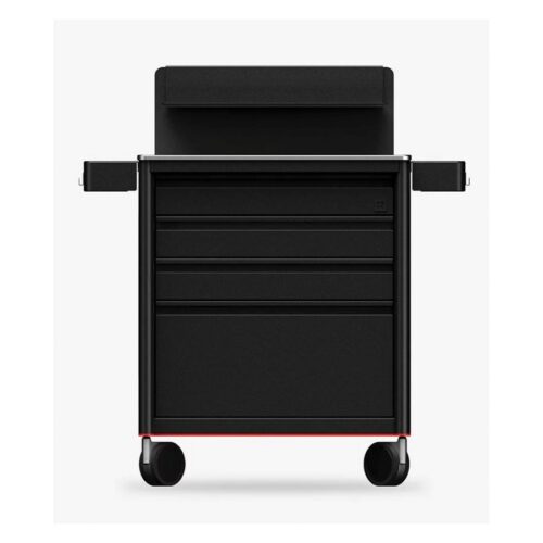 Musta Tattoo Workstation alumiinista, pyörillä, valkoisella taustalla