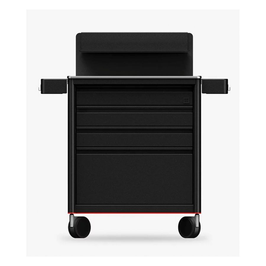 Musta Tattoo Workstation alumiinista, pyörillä, valkoisella taustalla