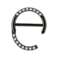 Musta Nipple Clicker pavé-kristalleilla, 12mm Musta Nipple Clicker kirkkailla pavé-kristalleilla valkoisella taustalla