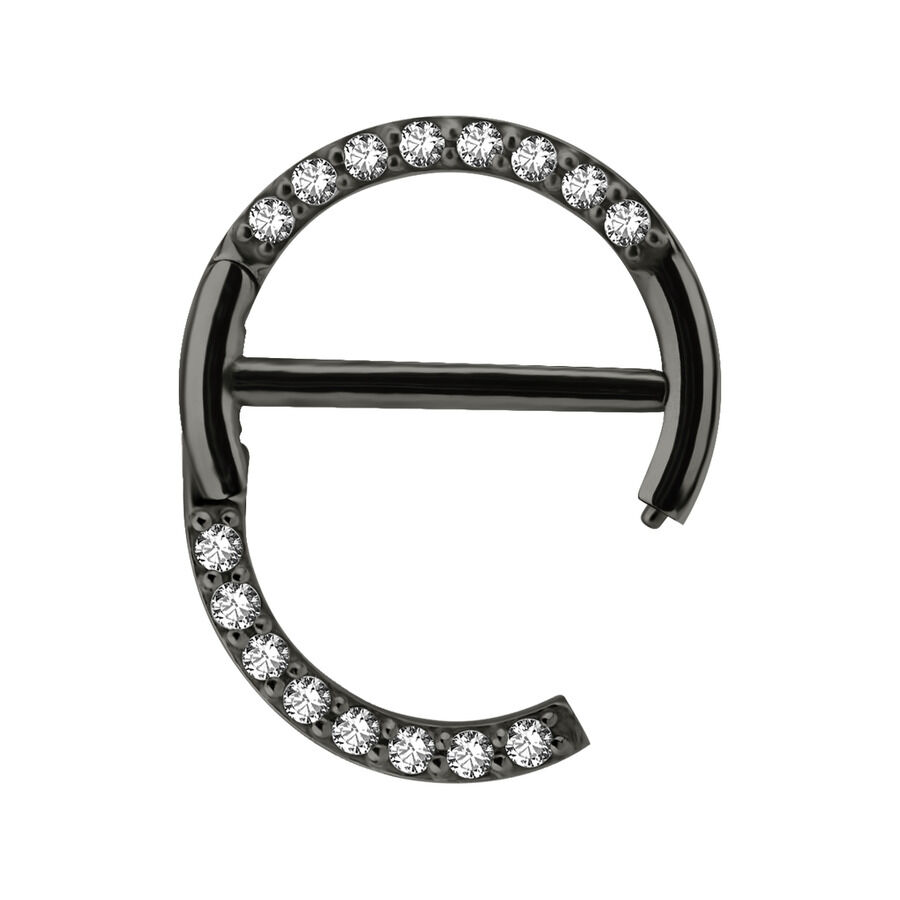 Musta Nipple Clicker pavé-kristalleilla, 12mm Musta Nipple Clicker kirkkailla pavé-kristalleilla valkoisella taustalla