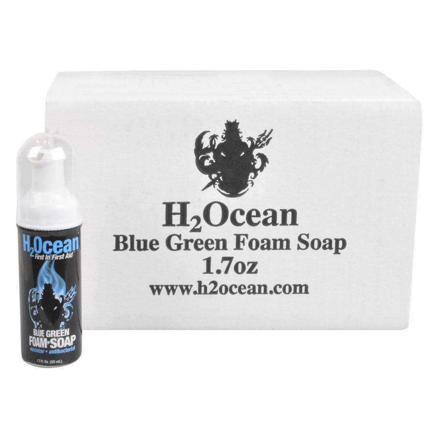 H2Ocean Blue Green Foam Soap 50ml Pakkaus Valkoinen pakkaus H2Ocean Blue Green Foam Soap -pullon edessä