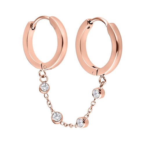 Rosékultaiset Double Huggie -korvakorut kristalliketjulla valkoisella taustalla