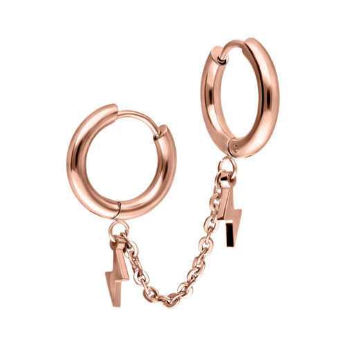 Rosékultaiset Double Huggie korvakorut salamakoristeilla valkoisella taustalla