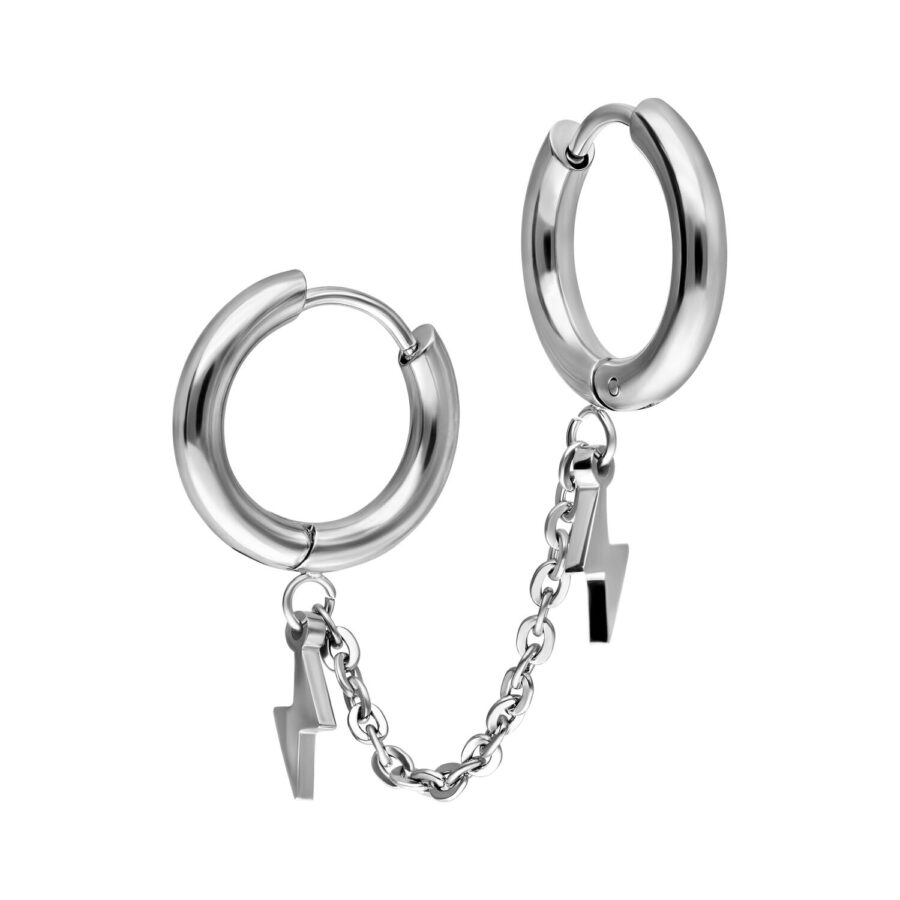 Hopeiset Double Huggie -korvakorut kirurginteräksestä salamakoristeilla valkoisella taustalla