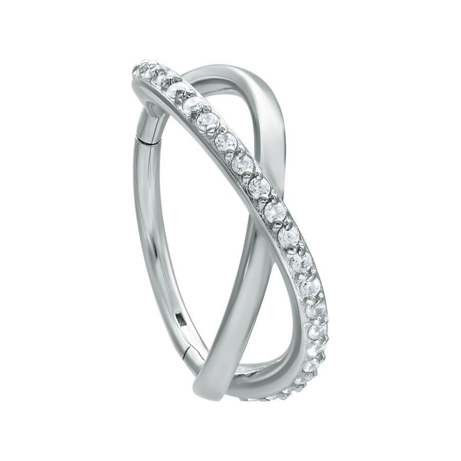 Infinity Crystal Clicker hopeassa kristalleilla Hopeinen Infinity Clicker lävistysrengas kirkkailla kristalleilla valkoisella taustalla