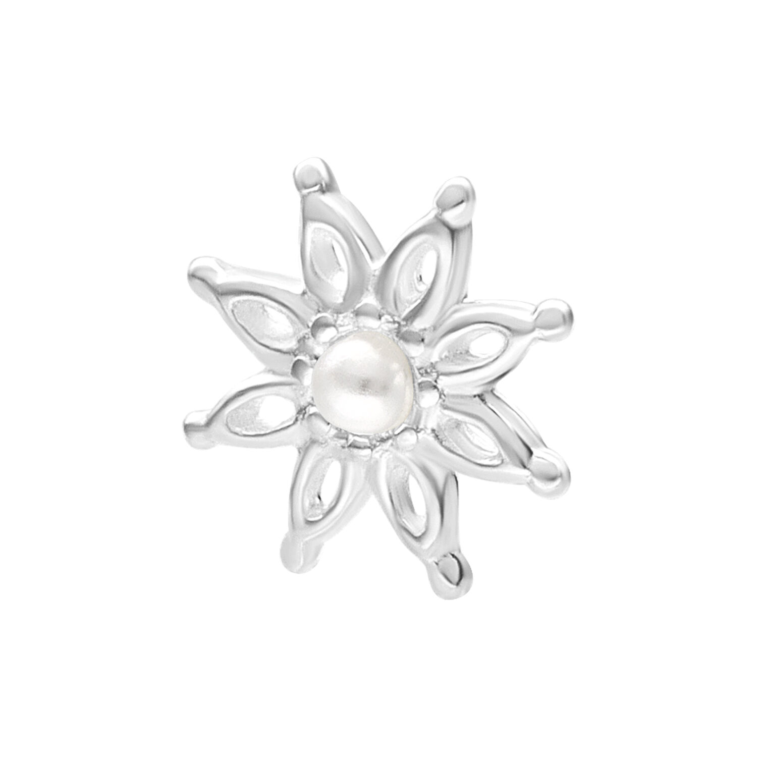 Hopeinen Push Fit Bloom -koriste, 7 mm Hopeinen kukkakoriste helmiakentilla valkoisella taustalla