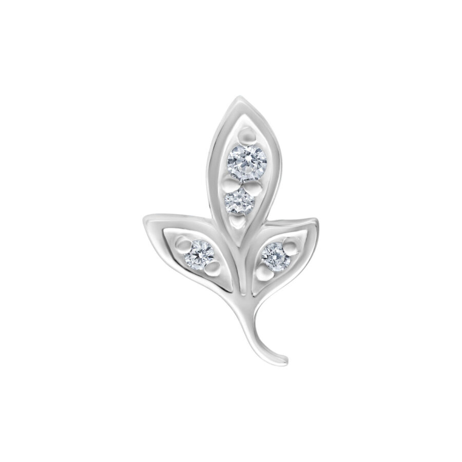 Hopeinen Leaf-lisäosa kristalleilla valkoisella taustalla