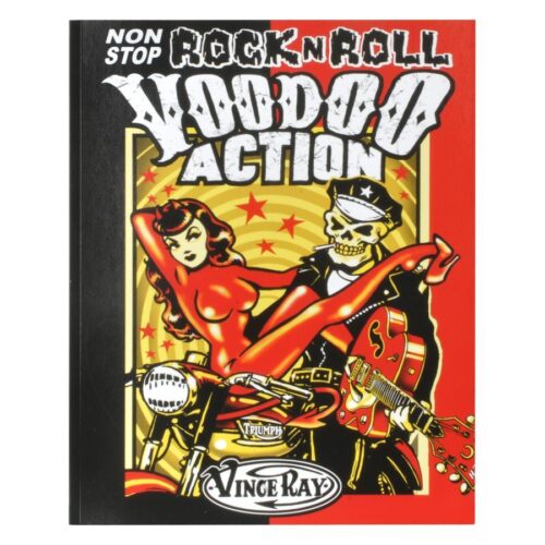 Värikäs juliste rockabilly-aiheella, nainen moottoripyörällä, luuranko kitaran kanssa