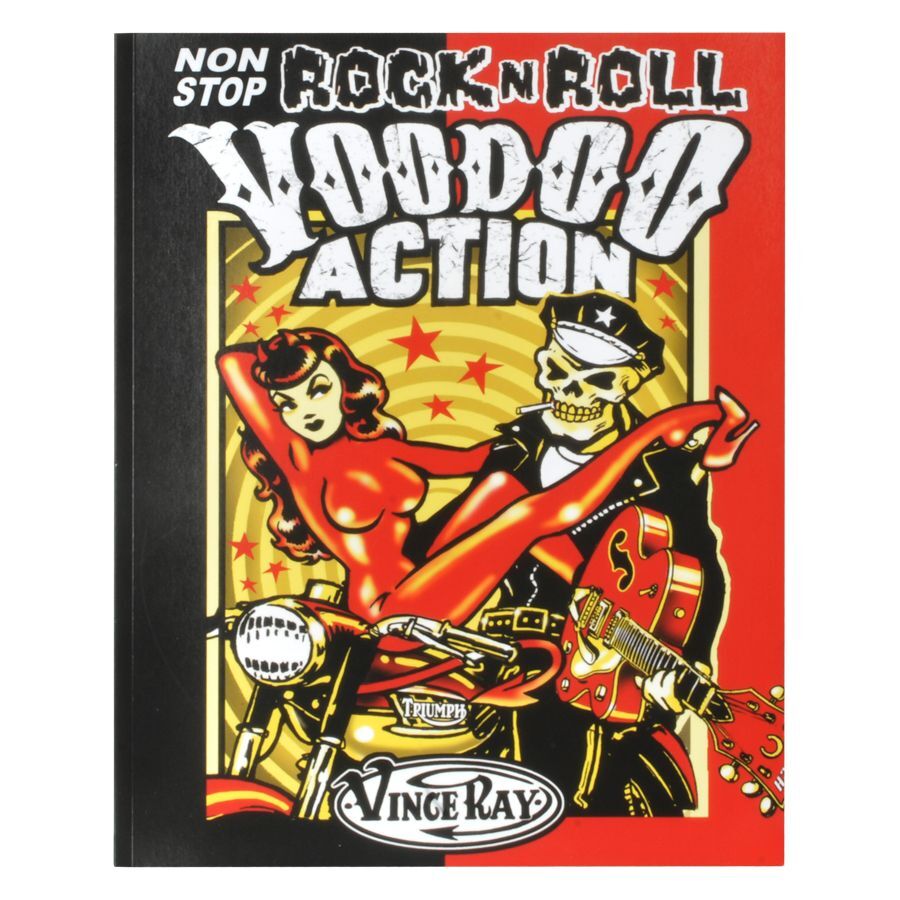 Värikäs juliste rockabilly-aiheella, nainen moottoripyörällä, luuranko kitaran kanssa
