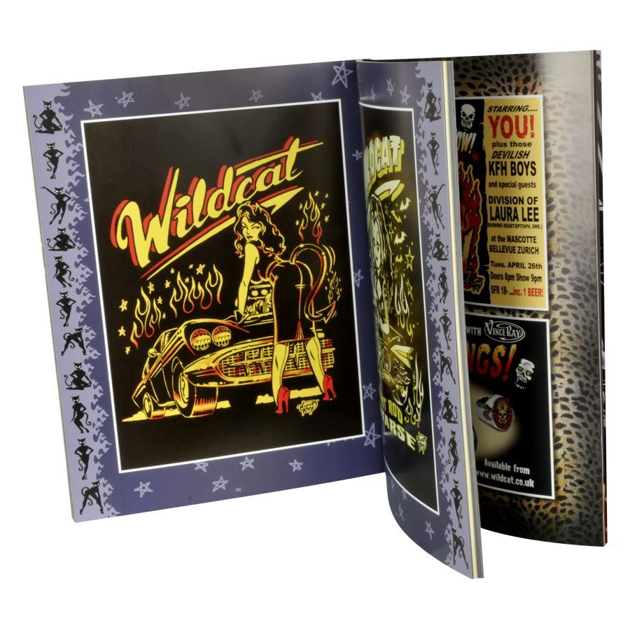 Avoin kirja, jossa Wildcat Rock'n'Roll -grafiikka ja Voodoo-design