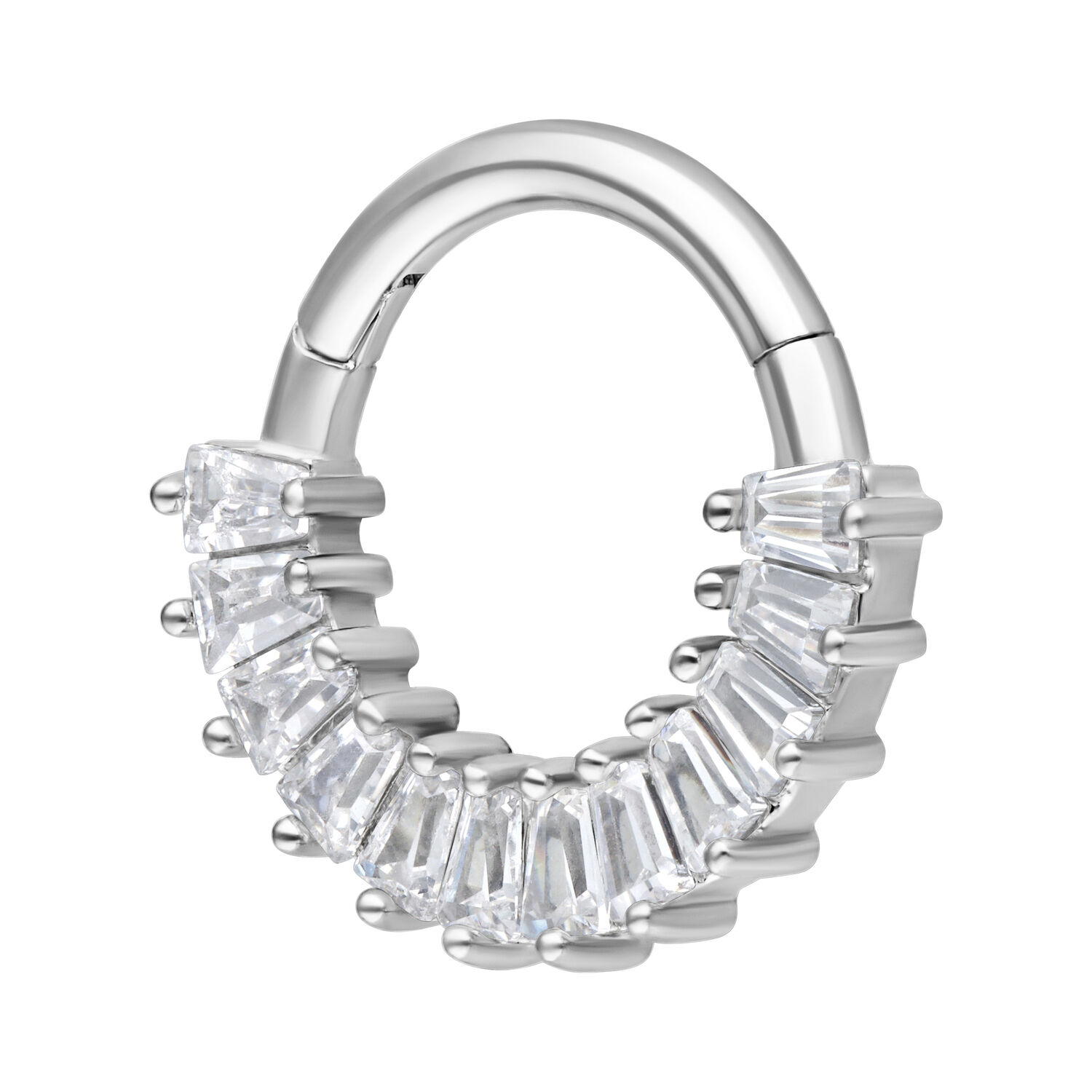 Euphoria Septum Clicker kirurginteräksestä Hopeinen septum clicker kirkkailla kristalleilla valkoisella taustalla