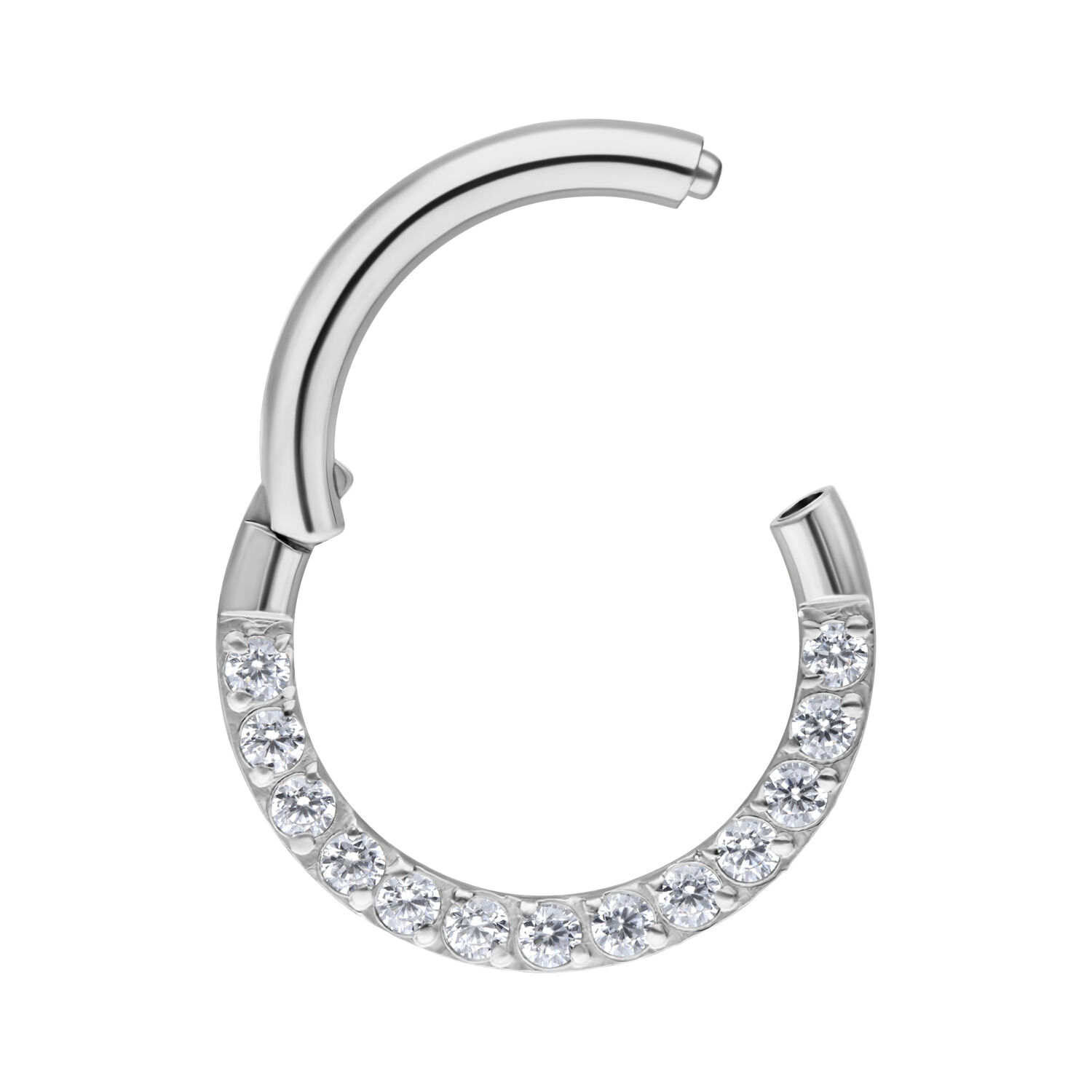 Hopeinen septum-clicker kristallikivillä, 6mm Hopeinen septum-clicker kirurginteräksestä kirkkailla kristallikivillä valkoisella taustalla