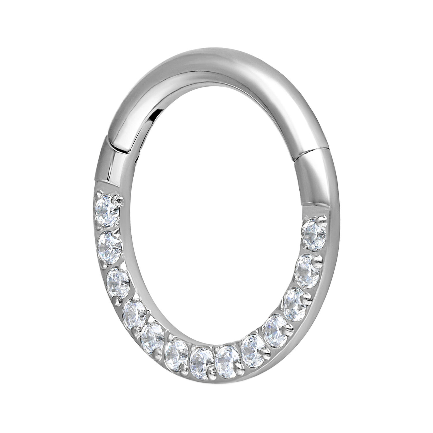 Hopeinen Pave Set Septum Clicker 6mm Hopeinen septum clicker kirkkailla kristalleilla valkoisella taustalla