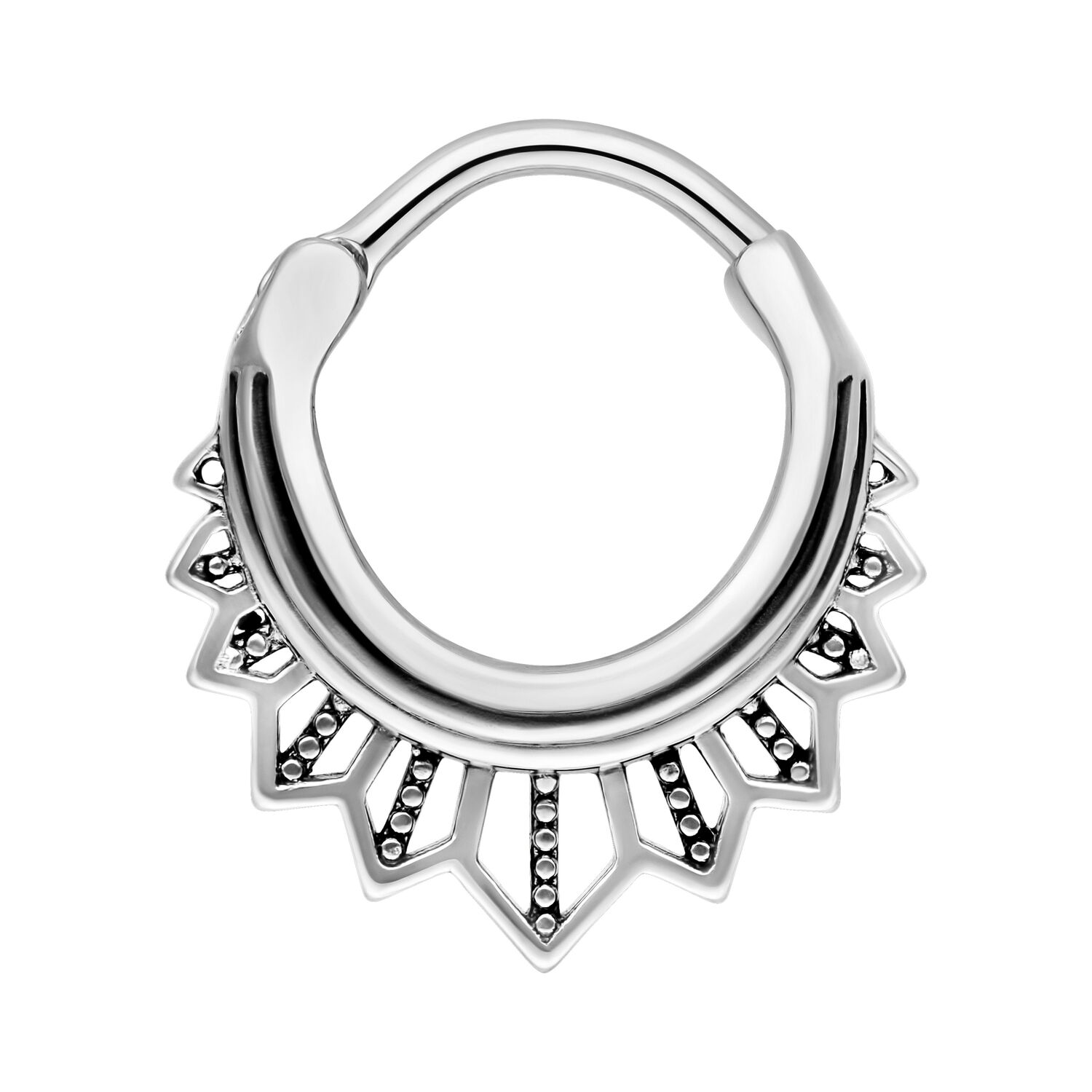 Tigerlily Septum Clicker Hopea Koru Hopeinen septum clicker koristeellisilla piikeillä valkoisella taustalla
