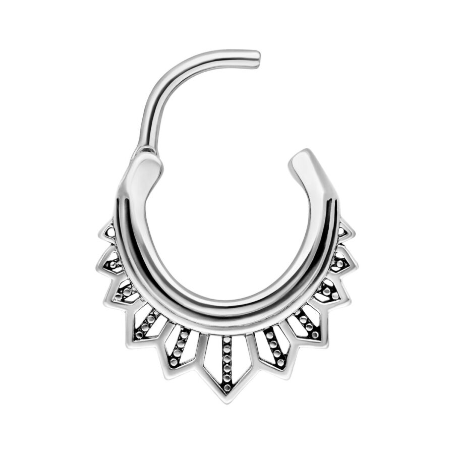 Hopeinen septum clicker tyylitellyllä aurinkokuviolla valkoisella taustalla