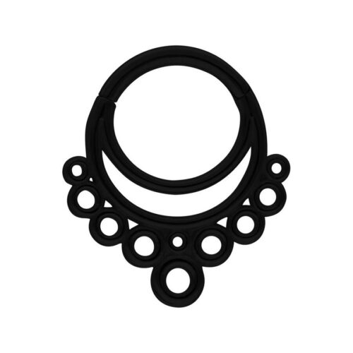 Musta septum clicker kuplamallilla kirurginteräksestä valkoisella taustalla