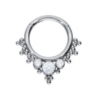 Crystal Bindi Clicker Hopea Kristalleilla Hopeinen septum clicker kristallinkirkkailla kivillä valkoisella taustalla