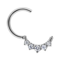 Hopeinen Glamour Hinged Clicker kristalleilla Hopeinen kirurginteräksinen lävistysrengas, jossa viisi kirkasta kristallia valkoisella taustalla