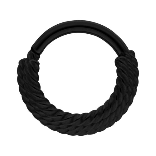Musta septum-clicker, jossa kolme kierrettyä köyttä valkoisella taustalla