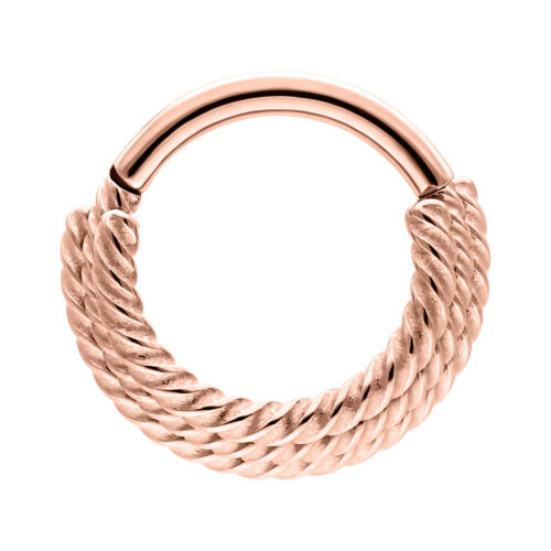 Ruusukultainen septum clicker, jossa kolme kierrettyä köyttä valkoisella taustalla