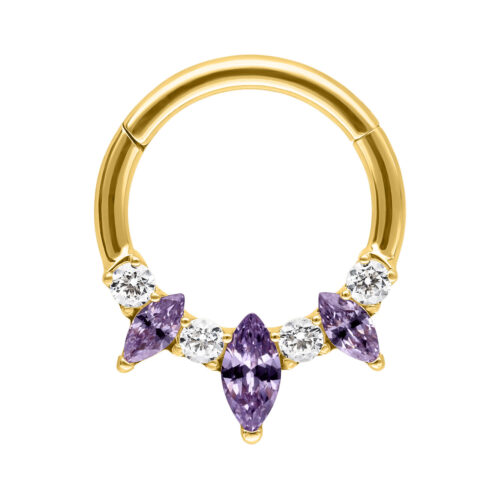 Kultainen septum clicker amethystikristalleilla valkoisella taustalla