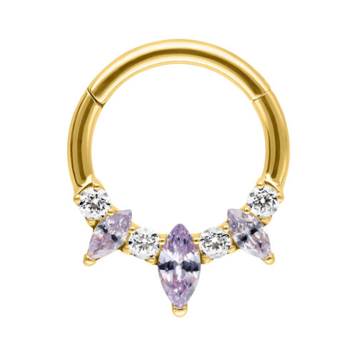 Kultainen Septum Clicker laventelinvärisillä marquise-kristalleilla valkoisella taustalla