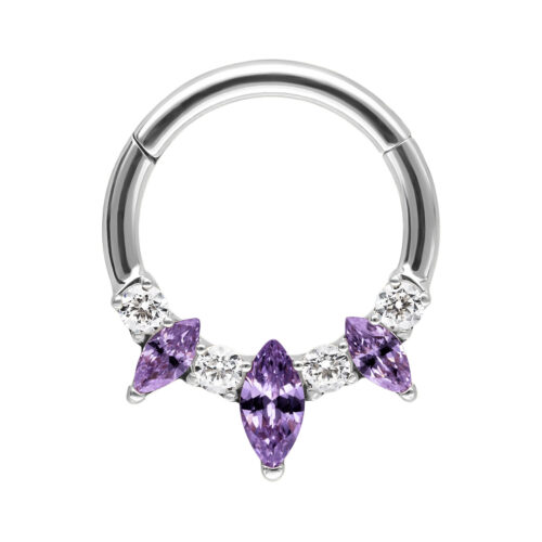 Hopeanvärinen septum-clicker, jossa kolme violettia ametistikristallia valkoisella taustalla