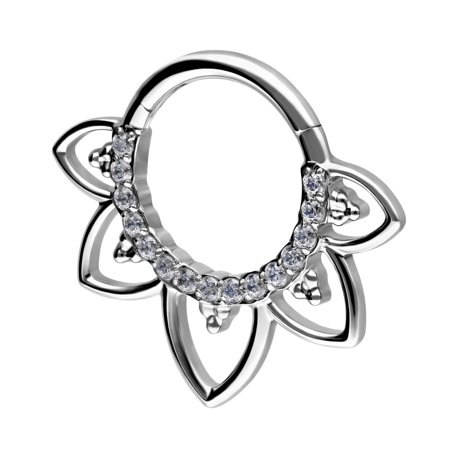 Hopeinen Flower Lines Crystal Septum Clicker Hopeinen septum-clicker kukkakuviolla ja kristallikoristeilla valkoisella taustalla