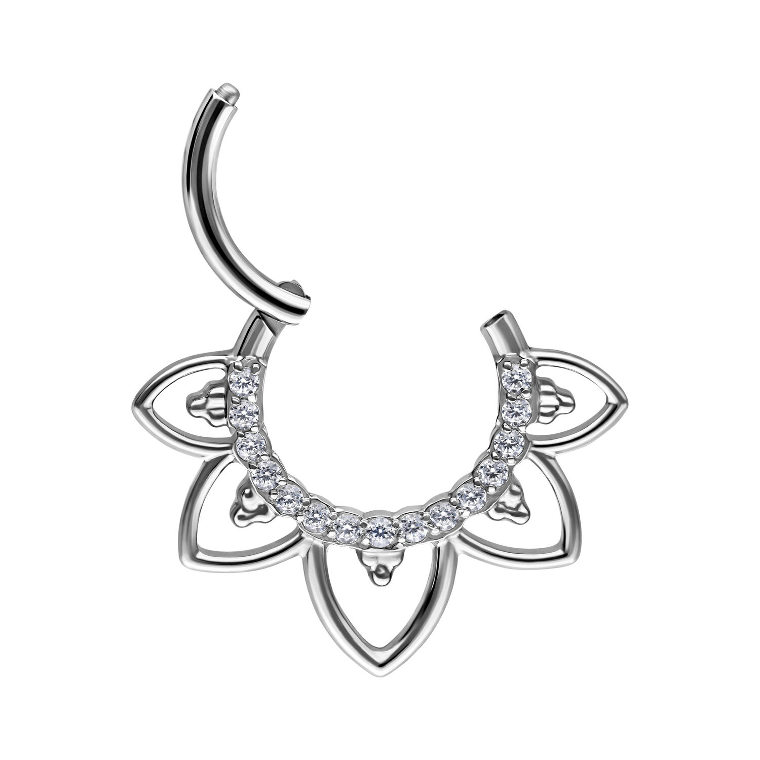 Blumen Crystal Septum Clicker hopeassa Hopeanvärinen septum clicker kukkakuvioinnilla ja kristalleilla, valkoisella taustalla
