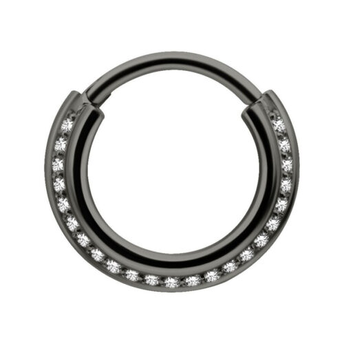 Musta septum-clicker kirurginteräksestä kirkkailla kristalleilla, 8 mm halkaisija