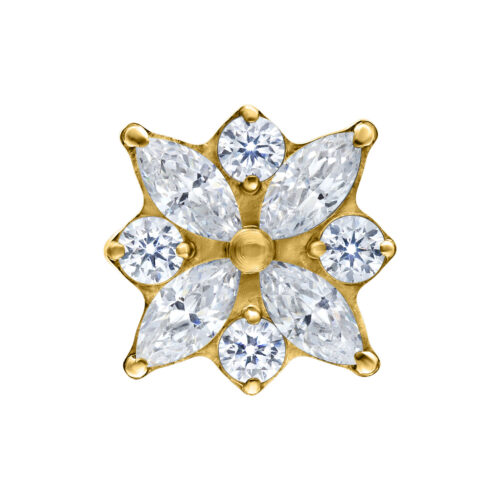 Kultainen Push Fit Crystal Blossom -kärki kirkkailla kristalleilla valkoisella taustalla