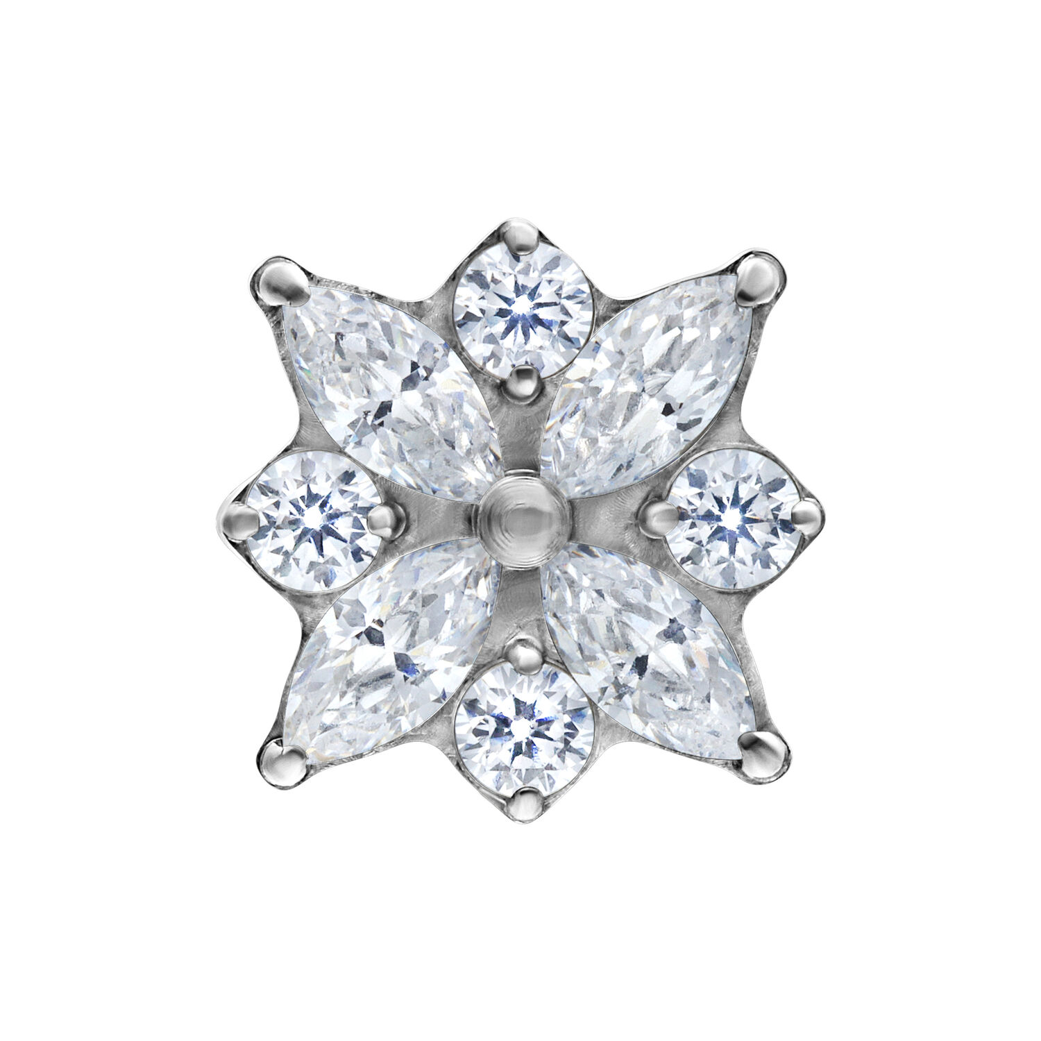 Hopeinen Push Fit Crystal Blossom -lisäosa Hopeinen kukkamuotoinen lisäosa kirkkailla kristalleilla valkoisella taustalla