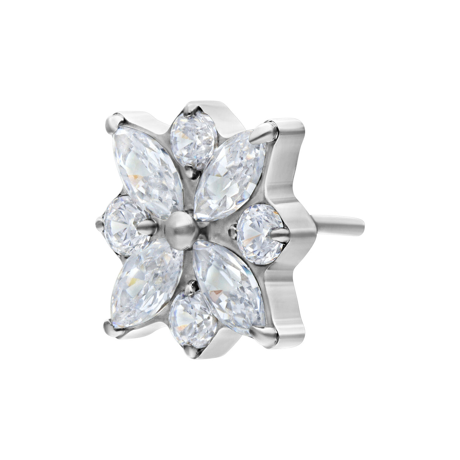 Hopeinen Push Fit Crystal Blossom -lisäosa Hopeinen lisäosa kristallinkirkkailla kukilla valkoisella taustalla