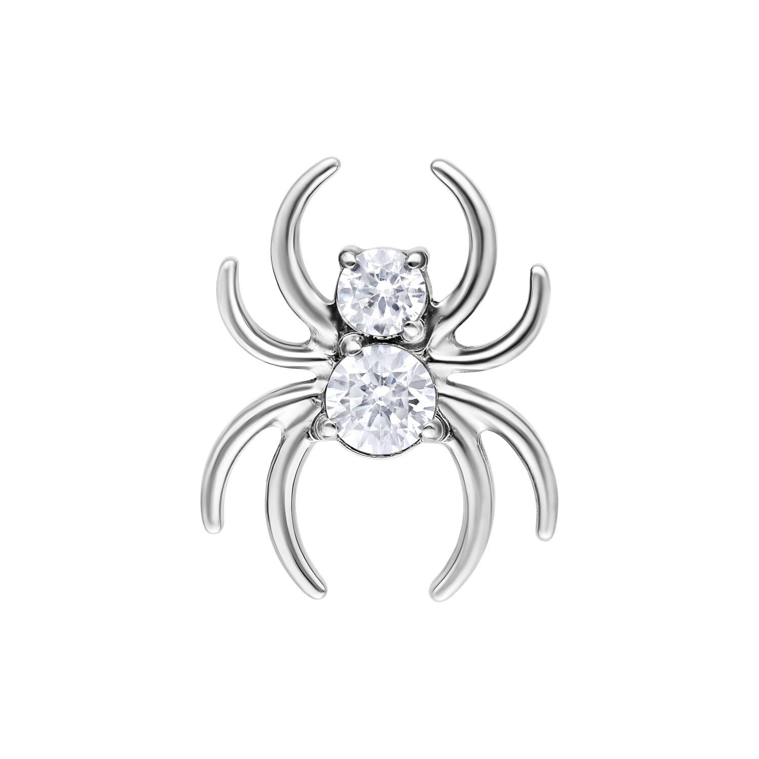 Hopeanvärinen Push Fit Crystal Spider -lisäosa Hopeinen hämähäkkilisäosa kahdella kristallinkirkkaalla kivellä valkoisella taustalla