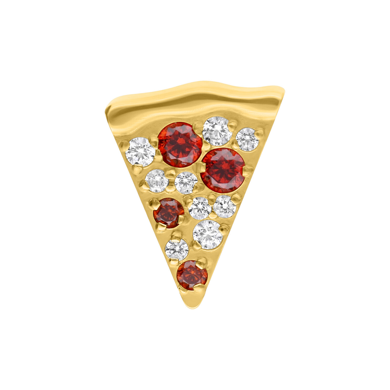 Kultainen pizzakoriste kristalleilla Kultainen pizzan muotoinen lävistyskoriste punaisilla ja kirkkailla kristalleilla