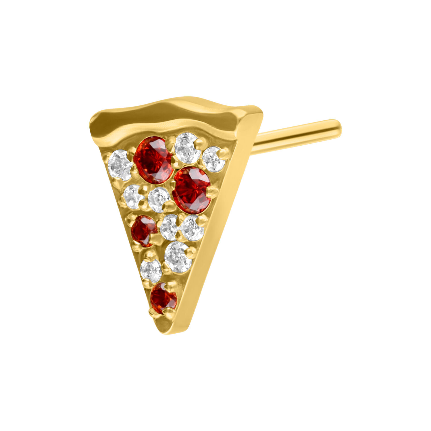 Kultainen pizza slice -lisäosa kristalleilla Kultainen pizzapalan lisäosa punaisilla ja kirkkailla kristalleilla valkoisella taustalla
