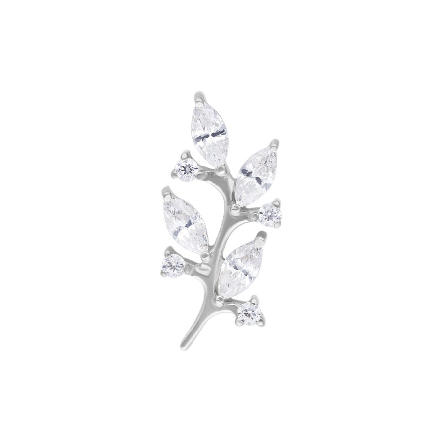Hopeinen kristallilehti pääty kirkkailla kristalleilla valkoisella taustalla