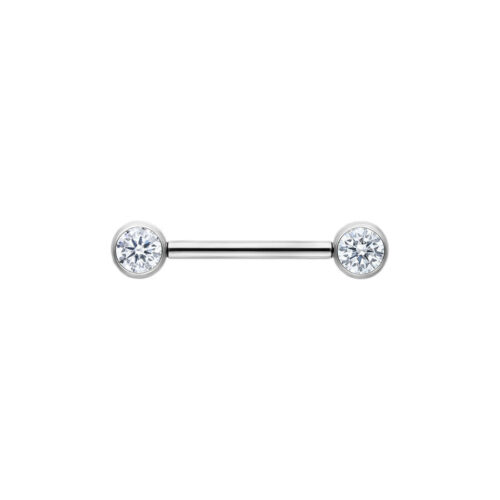 Hopeanvärinen Muse Barbell kristallinkirkkailla kivillä, 14mm pituus valkoisella taustalla