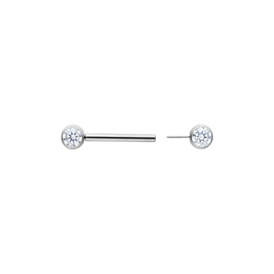 Muse Barbell - Valkoinen, 14,0 mm, Hopea Hopeinen barbell kirkkaalla kristallilla, pituus 14 mm, valkoisella taustalla