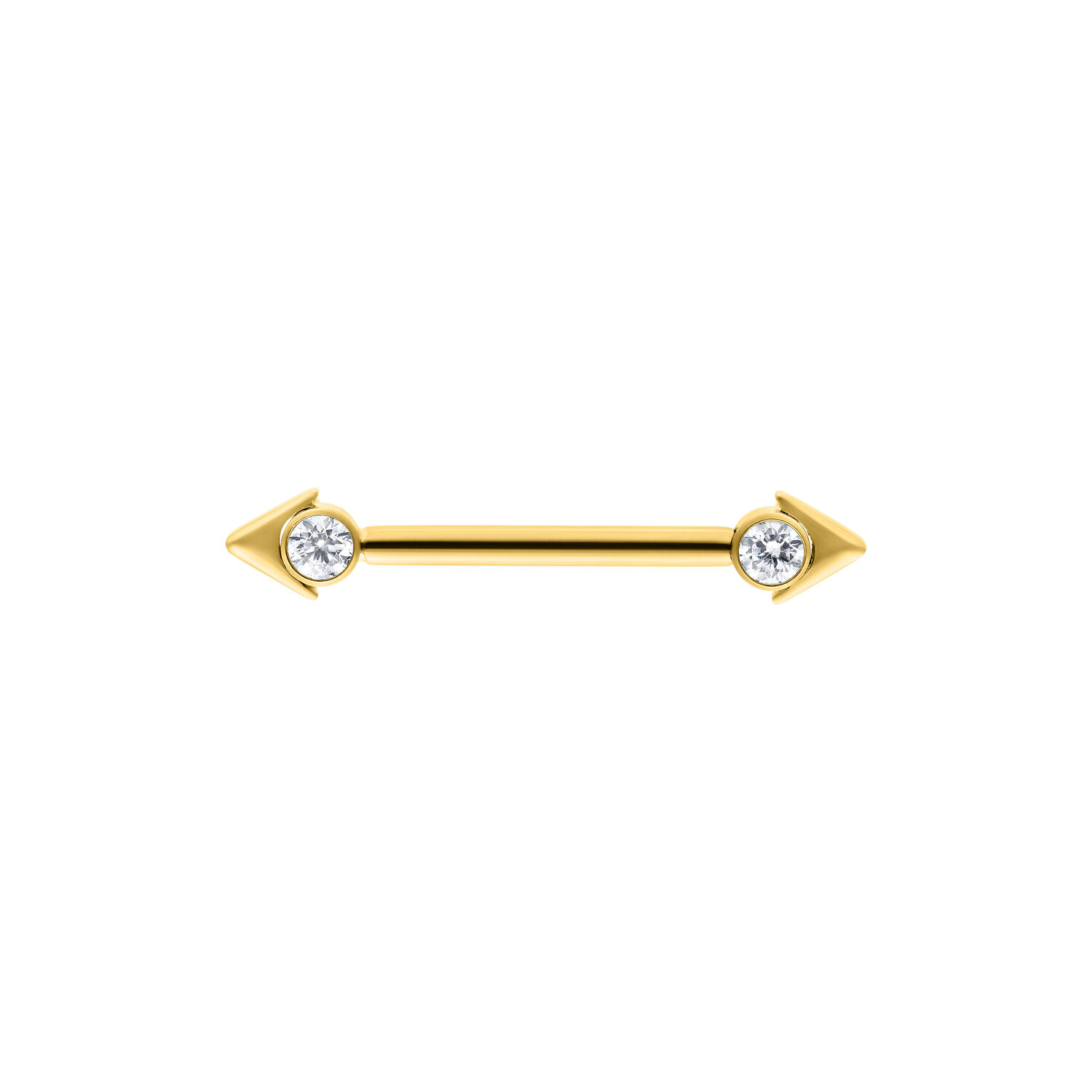 Kultainen Arrowhead Nänni Barbell 16 mm Kultainen nänni barbell nuolenkärjillä ja kristalleilla, 16 mm pitkä